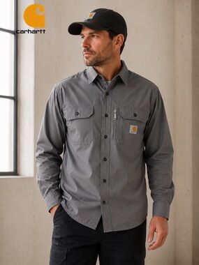 Carhartt Rugged Flex Work Shirt Gray Ripstop Button Front Men’s Large LS Regular